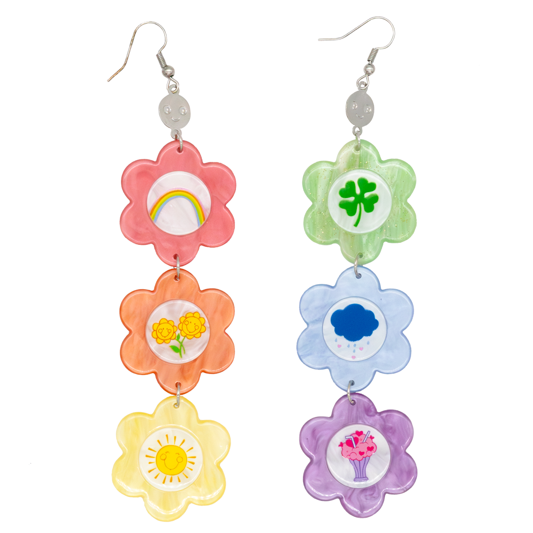 Care Bears Flower Belly Badges Layered Acrylic Earrings