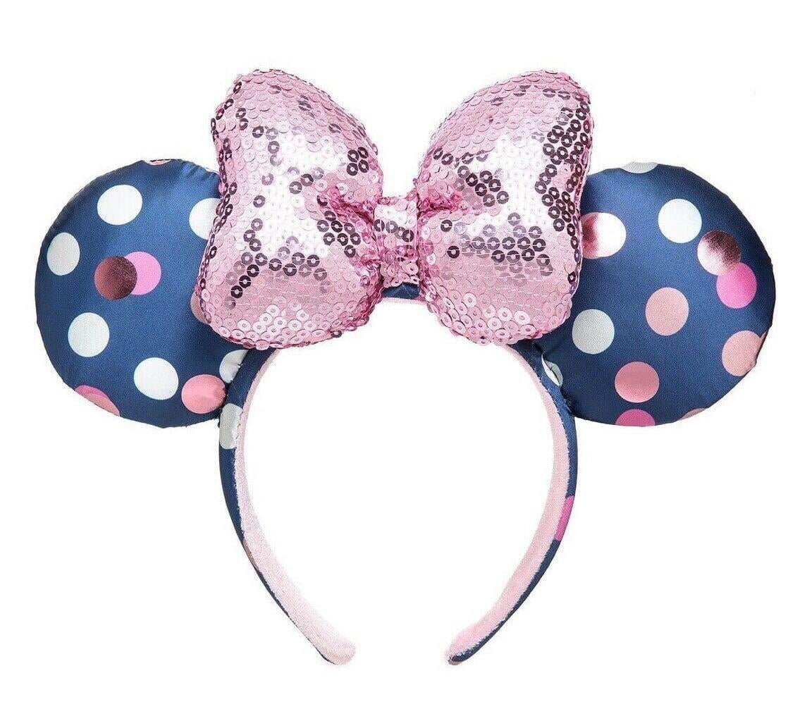 Disney Parks Minnie Mouse Navy Blue Polka Dot Ears Pink Sequin Bow Headband