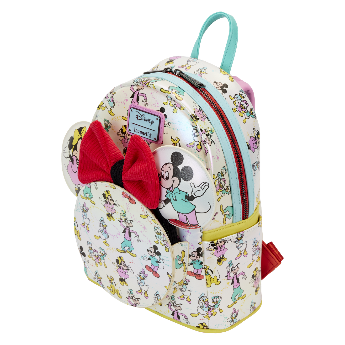 Disney100 Mickey & Friends Classic All-Over Print Iridescent Mini Backpack With Ear Headband Loungefly