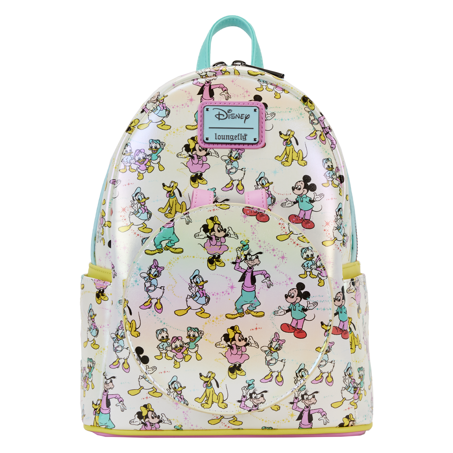 Disney100 Mickey & Friends Classic All-Over Print Iridescent Mini Backpack With Ear Headband Loungefly