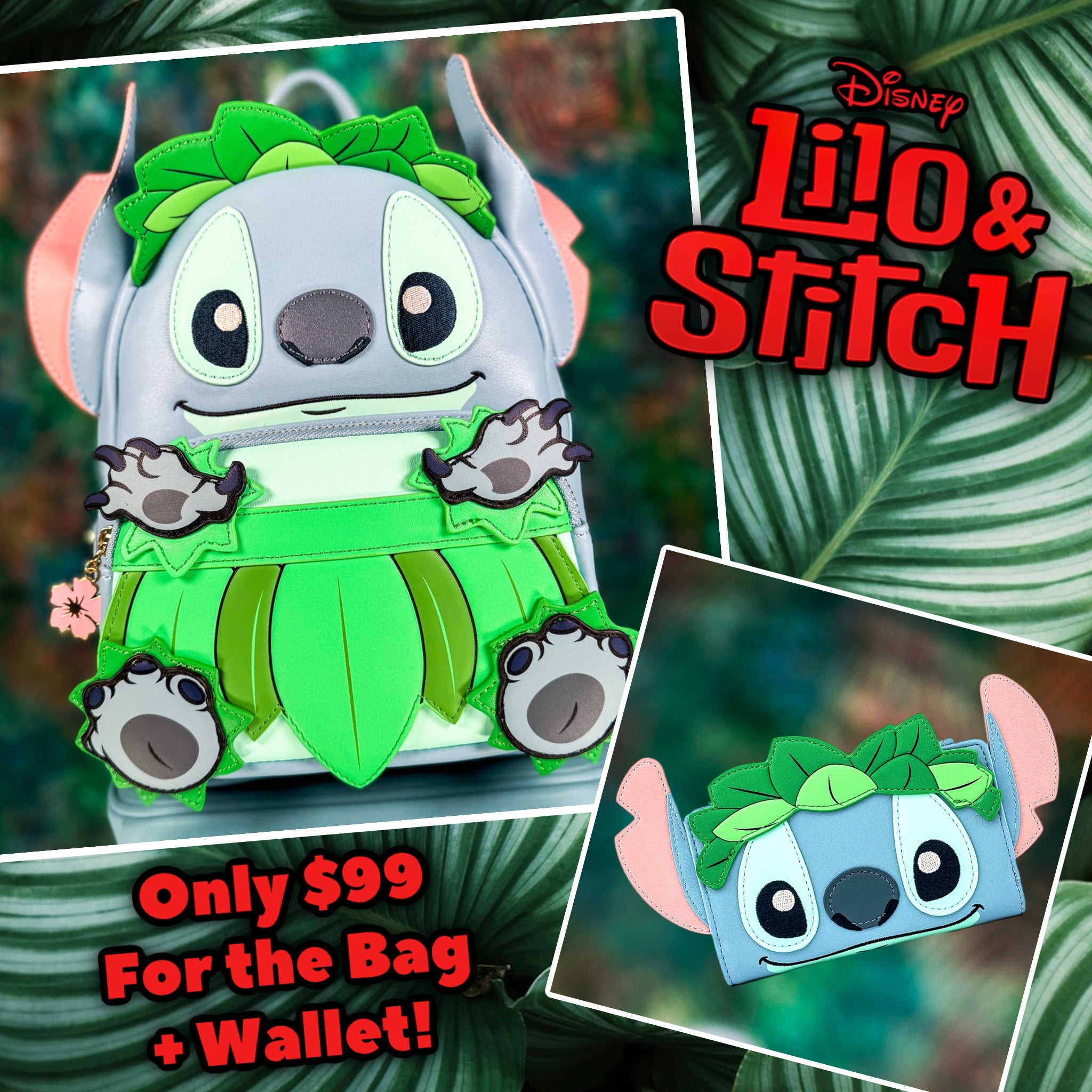 Luau Stitch Loungefly Mini Backpack + Wallet Bundle