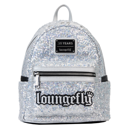 Loungefly 25th Anniversary Logo Holographic Silver Sequin Mini Backpack