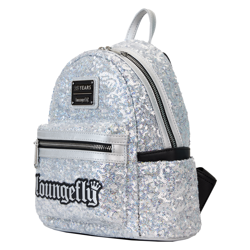 Loungefly 25th Anniversary Logo Holographic Silver Sequin Mini Backpack