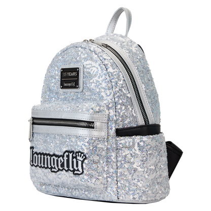 Loungefly 25th Anniversary Logo Holographic Silver Sequin Mini Backpack