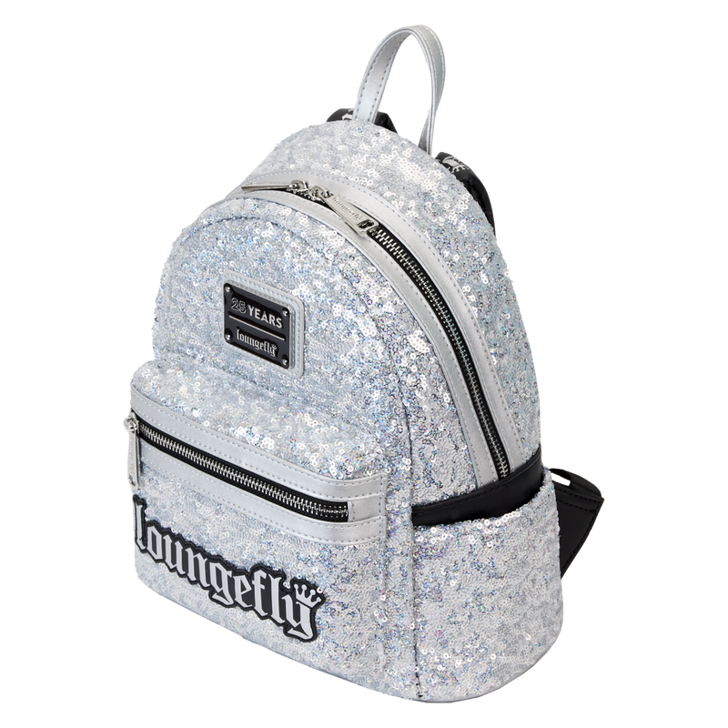 Loungefly 25th Anniversary Logo Holographic Silver Sequin Mini Backpack