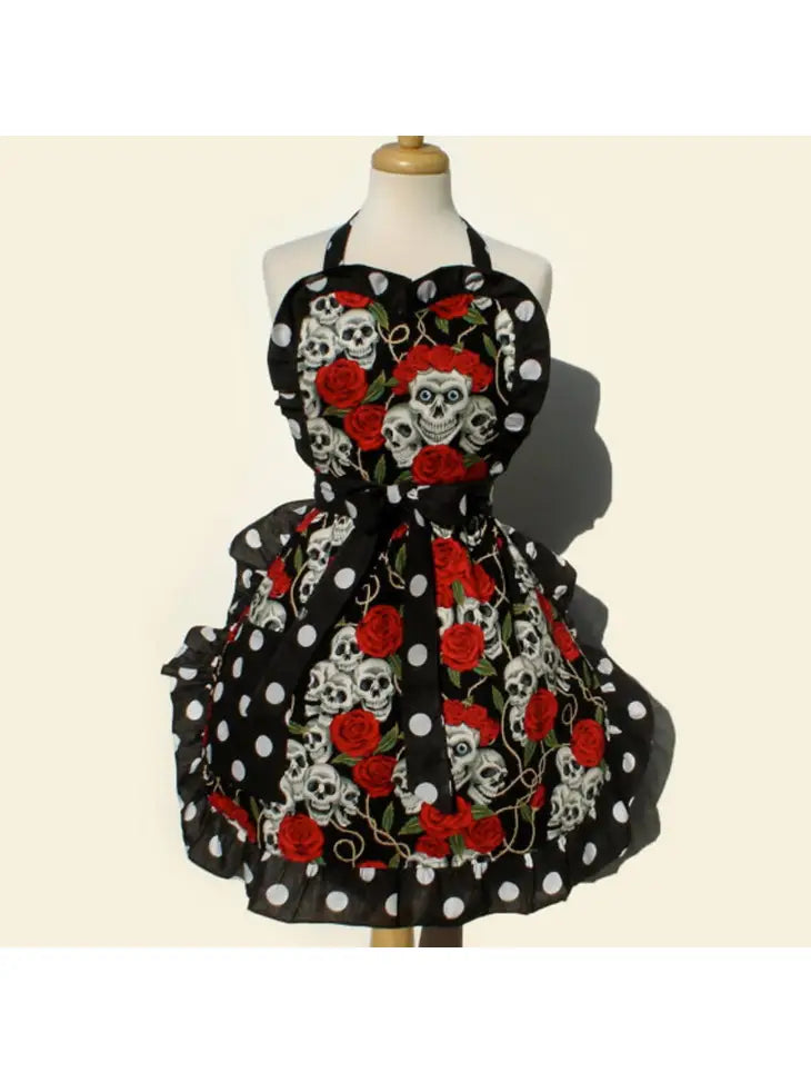 Skulls and Roses Black Polka Dot Apron