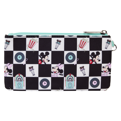 Mickey & Minnie Date Night Diner Checkered All-Over Print Nylon Zipper Pouch Wristlet